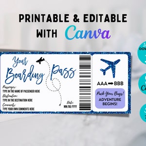 Editable Boarding Pass Template, Birthday Boarding Pass, Surprise Vacation, Surprise Flight Ticket, Surprise Trip, Airplane, Blue, Canva