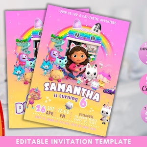Bewerkbare Gabbys-poppenhuis verjaardagsuitnodiging, Gabby's kinderen verjaardagsuitnodiging, uitnodiging poppenhuisfeest, uitnodiging meisje verjaardagsfeestje