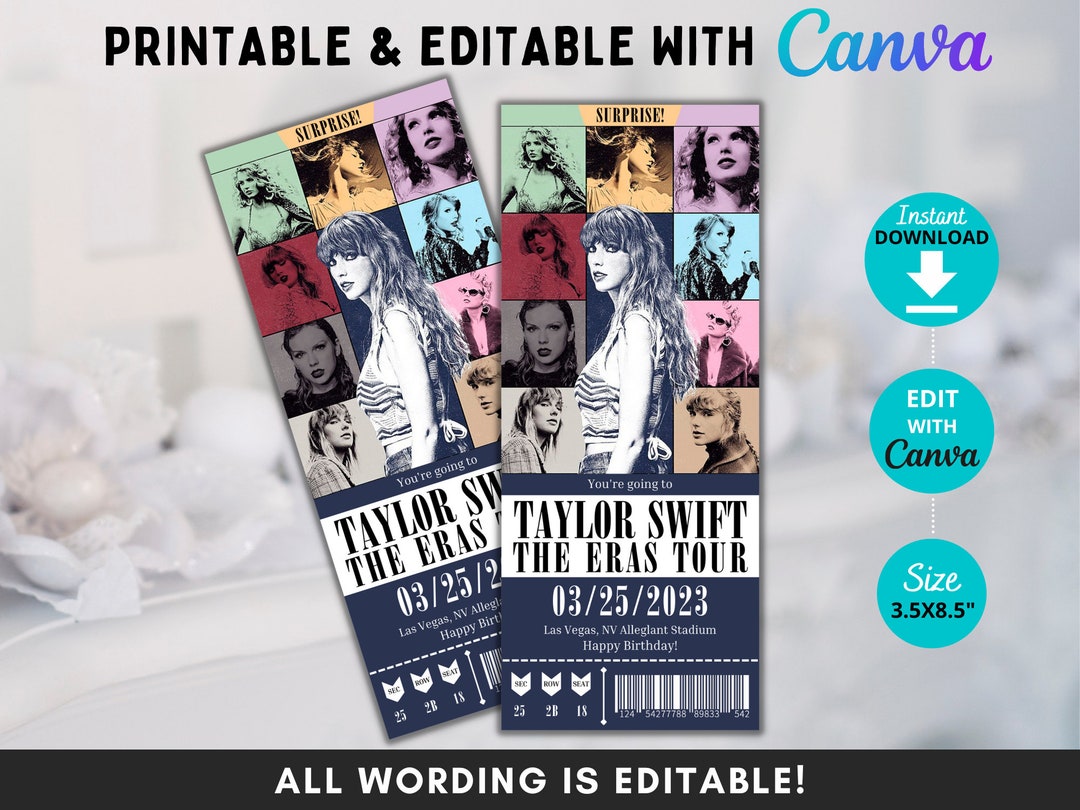 Editable Swift Eras Tour Ticket Template Concert Surprise Etsy de
