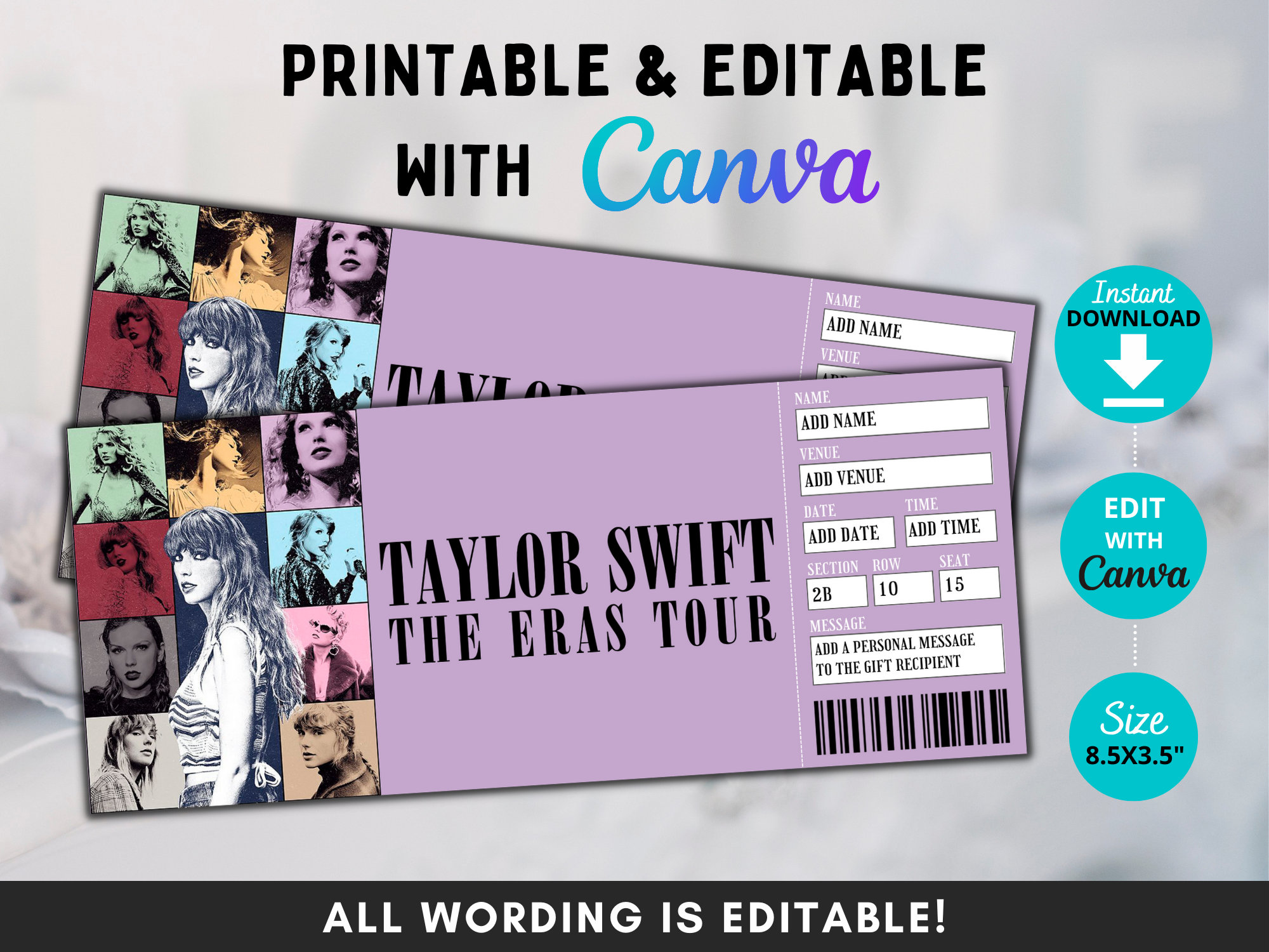 Editable Swift Eras Tour Ticket Template Concert Surprise Etsy