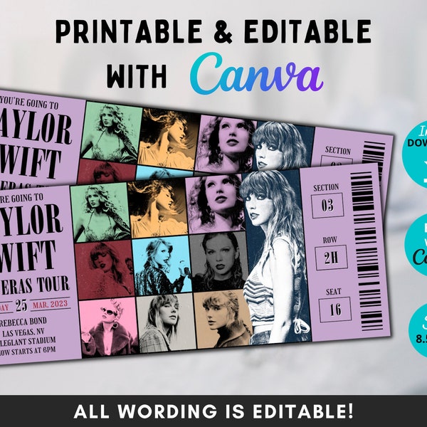 Editable Eras Tour Ticket Template, Concert Surprise Reveal Ticket, Ticket Souvenir, Faux Concert Ticket, Printable Gift Ticket, Canva