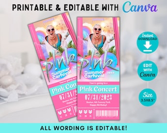 Editable PINK Surprise Concert Ticket, Summer Carnival Tour 2023 Ticket, Faux Event Admission, Concert Reveal Gift, Pink Concert, Canva