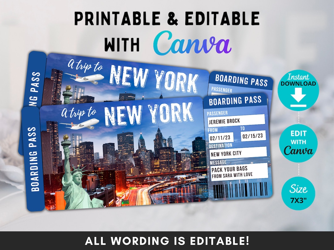 Editable Surprise New York Trip Ticket Template, New York Boarding Pass