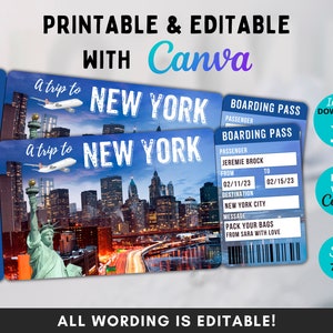 Editable Surprise New York Trip Ticket Template, New York Boarding Pass, Surprise Vacation, Ticket to New York, Printable Gift Ticket, Canva