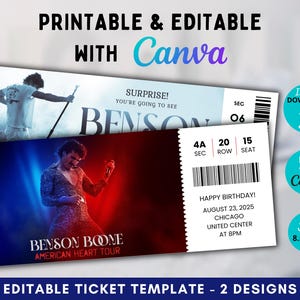 Modelo editável de ingresso para show do Benson, convite para a turnê American Heart 2025, presente surpresa, presente de revelação musical, ingressos para shows, Canva