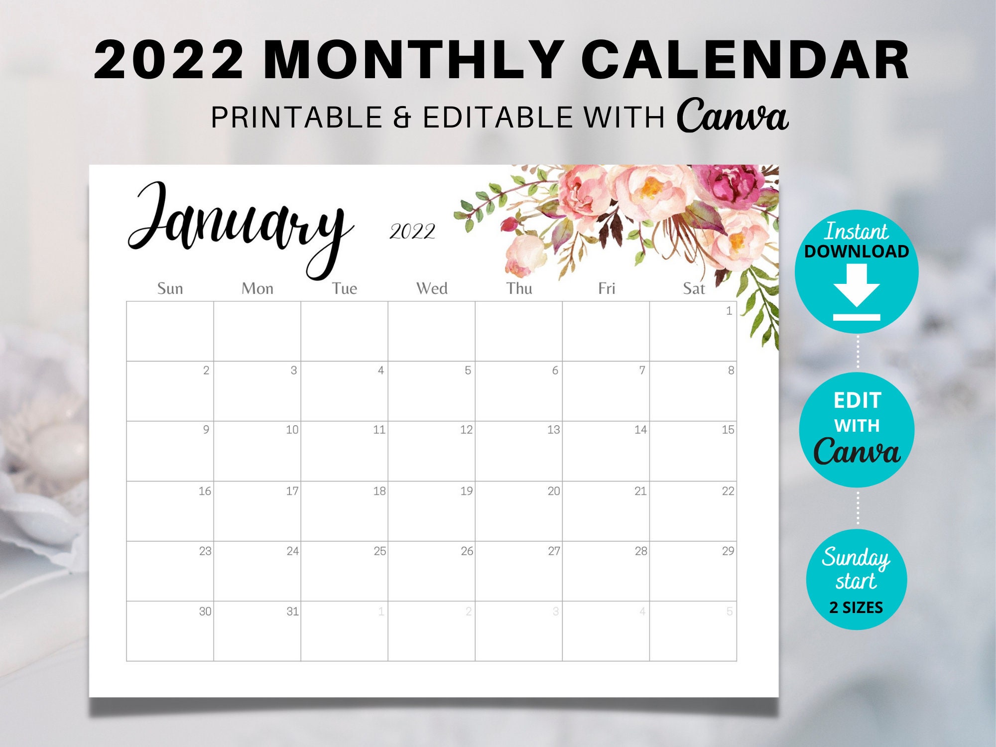 boho printable editable 2022 monthly calendar floral etsy