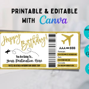 Editable Boarding Pass Template, Birthday Boarding Pass, Surprise Vacation, Surprise Flight Ticket, Surprise Trip, Gold Glitter, Canva