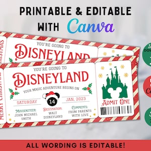 Modelo de bilhete de Natal retrô editável, cartão de embarque surpresa do Mouse World, férias surpresa, bilhete de voo de viagem surpresa, presente de Natal