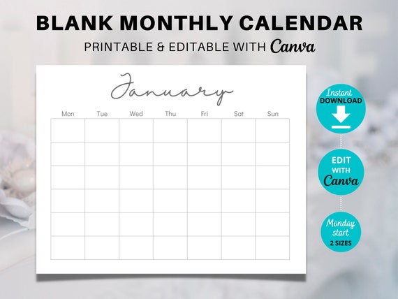 blank editable 2022 monthly calendar undated simple printable etsy