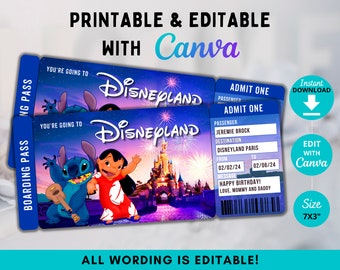 Editable Theme Park Ticket Template, Mouse World Surprise Boarding Pass, Surprise Vacation, Surprise Trip Flight Ticket, Reveal Ticket Gift