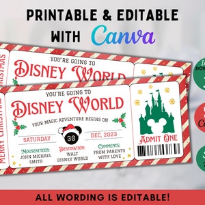 Modelo de bilhete de Natal retrô editável, cartão de embarque surpresa do Mouse World, férias surpresa, bilhete de voo de viagem surpresa, presente de Natal