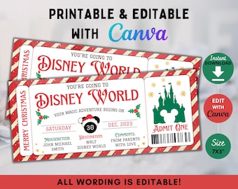 Editable Retro Christmas Ticket Template, Mouse World Surprise Boarding Pass, Surprise Vacation, Surprise Trip Flight Ticket, Christmas Gift