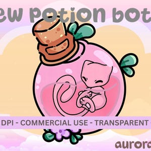 May include: A pink potion bottle illustration with a cartoon Mew character inside. The bottle has a cork stopper and green accents. Text at the top reads "mew potion bottle". The image also includes text indicating commercial use and a transparent PNG format.