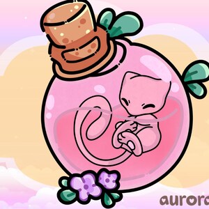 May include: A pink cartoon illustration of a Mew character inside a pink liquid-filled bottle. The bottle has a cork stopper and green leaf-like accents. Purple flowers are at the bottom, and the artist's name is at the bottom right.