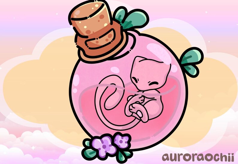 May include: A pink cartoon illustration of a Mew character inside a pink liquid-filled bottle. The bottle has a cork stopper and green leaf-like accents. Purple flowers are at the bottom, and the artist's name is at the bottom right.