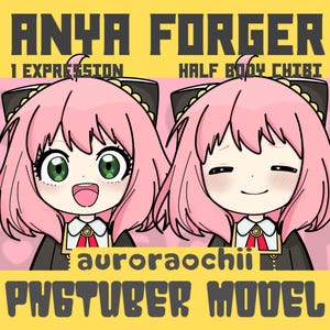 Könnte beinhalten: Digitale Illustration von Anya Forger aus Spy x Family. Das Bild zeigt zwei Versionen von Anya, eine mit offenem Mund und die andere mit geschlossenem Mund. Text beinhaltet "ANYA FORGER", "1 EXPRESSION", "HALF BODY CHIBI", "auroraochii" und "PNGTUBER MODEL".