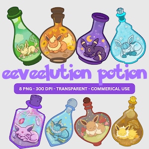 Puede incluir: Una colección de ocho ilustraciones de botellas de pociones coloridas, cada una con una evolución diferente de Eevee. Las botellas están llenas de varios elementos temáticos, como flores, estrellas y cristales. El texto "eeveelution potion" se muestra en morado.