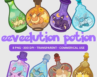 Eeveelution Potion Bottle PNG Clipart Bundle, Kawaii Anime Art (Digital Download)