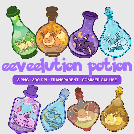 Eeveelution Potion Bottle PNG Clipart Bundle, Kawaii Anime Art (Digital Download)