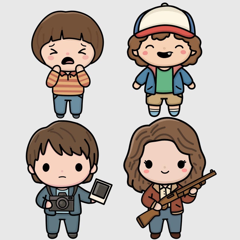 May include: Four cartoon characters from a popular TV show. One character is wearing a striped top and jeans, another a baseball cap and jacket, a third holds a camera and photo, and the last holds a rifle.