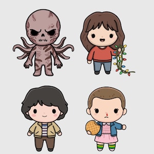 May include: Four cartoon illustrations of characters from the Stranger Things series. The characters include a Demogorgon, a girl holding Christmas lights, a boy in a jacket, and a girl holding a waffle. Each character is in a chibi style.