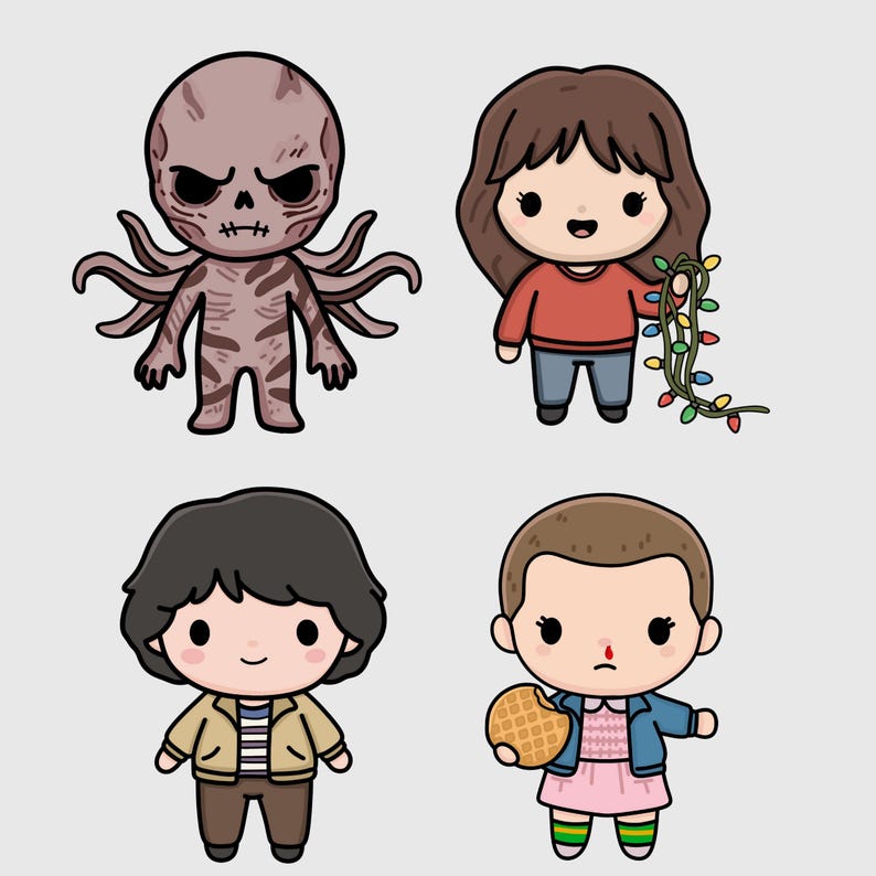 May include: Four cartoon illustrations of characters from the Stranger Things series. The characters include a Demogorgon, a girl holding Christmas lights, a boy in a jacket, and a girl holding a waffle. Each character is in a chibi style.