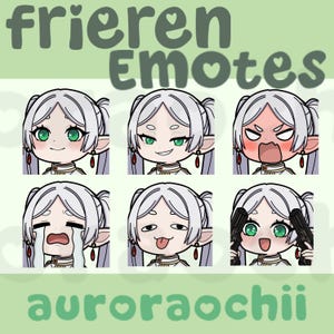 Peut inclure: Une série de six émoticônes de dessins animés représentant un personnage aux cheveux argentés et aux yeux verts, avec diverses expressions faciales. Les émoticônes incluent heureux, narquois, en colère, en pleurs, idiot et tenant des armes. Le texte "Frieren Emotes" et "auroraochii" est également présent.