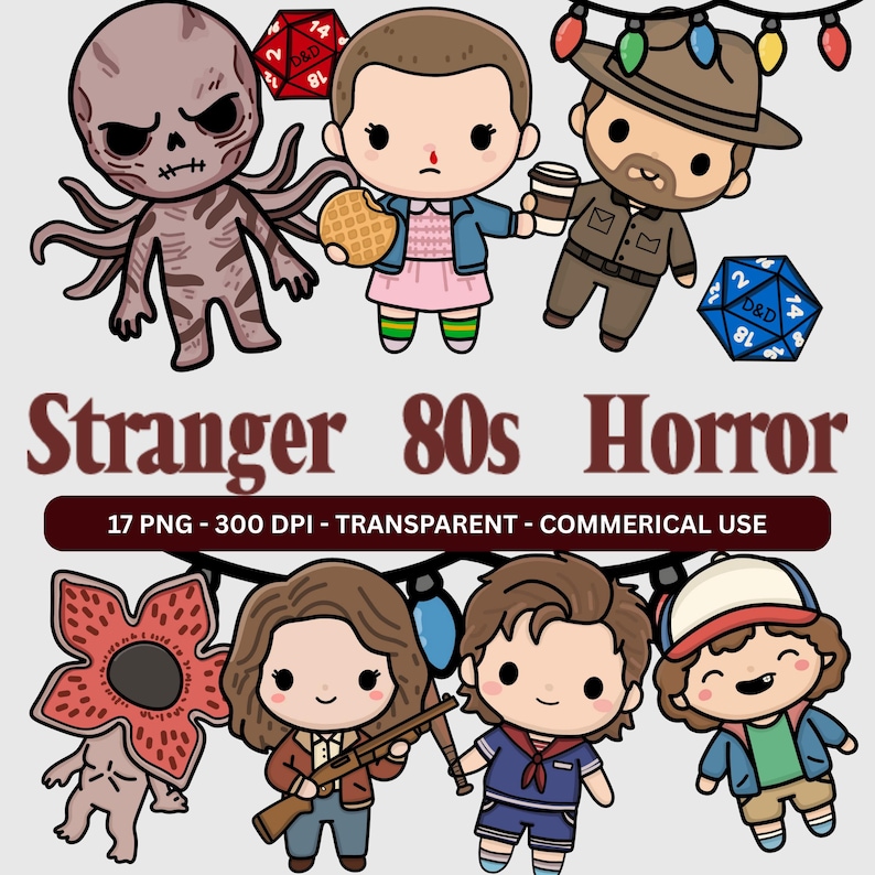 May include: A digital illustration featuring characters from the Stranger Things series in a cartoon style. The image includes characters like Eleven, Hopper, and the Demogorgon, with the text "Stranger 80s Horror".