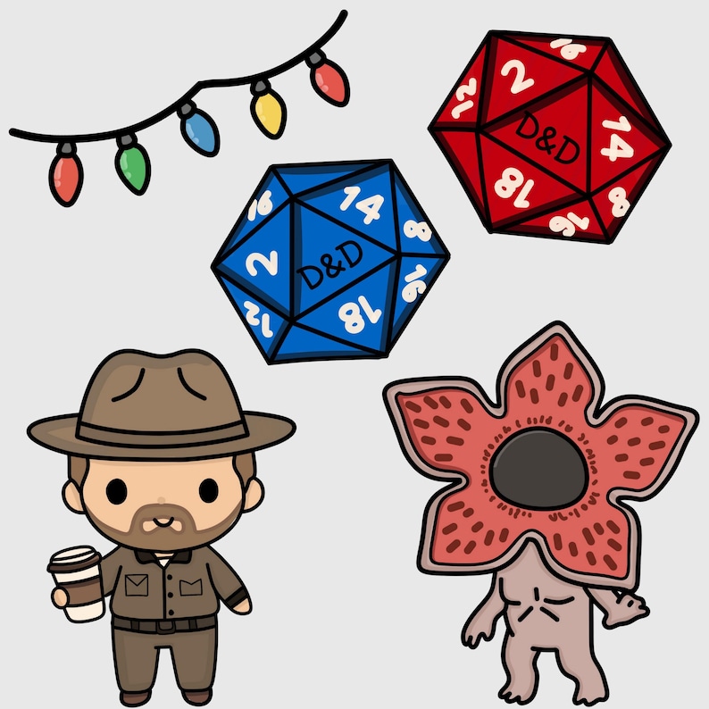 May include: An illustration featuring fantasy-themed elements. It includes two D&D dice, one red and one blue, a character with a hat and coffee cup, a Demogorgon, and a string of colourful lights.