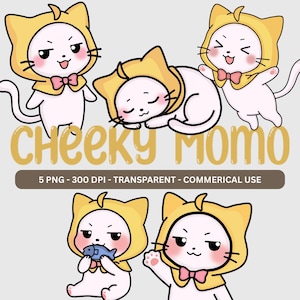 May include: A digital illustration of five white cartoon cats wearing yellow cat-shaped hoods and pink bow ties. The text "Cheeky Momo" is in gold, with additional text below. The cats are in different poses, including sleeping and holding a fish.