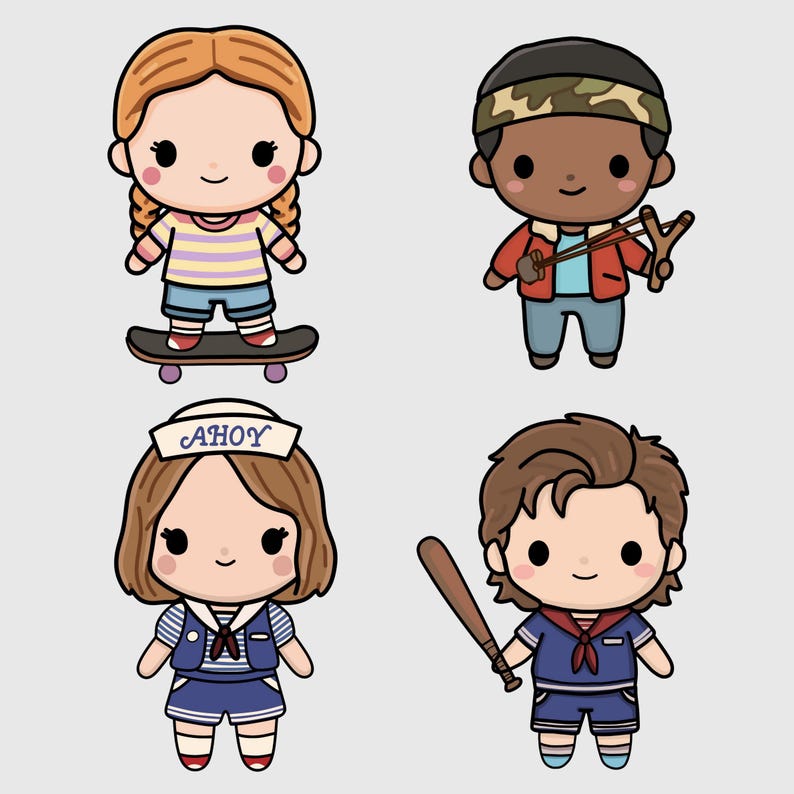 May include: Four cartoon characters in a kawaii style. One is on a skateboard, another holds a slingshot, a third wears a sailor hat with "AHOY" on it, and the last holds a baseball bat. Each character is in a unique outfit.