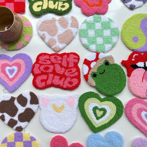 Punch Needle Coasters, Y2K Punch Needle Mug Tapijten, Valentijnsdag Cadeau, Inwijdingsfeest Cadeau, Roze Accessoires voor vrouwen