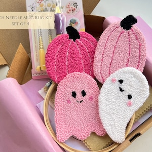 ピンクのハロウィンパンチニードルキット、初心者向けマグカップ・ラグ・コースターセット