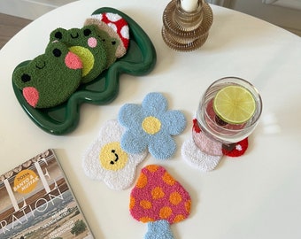 Handmade Punch Needle Coaster, Y2K Frog Decor, Mug Rug