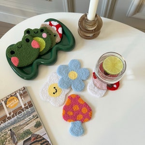 Handmade Unique Christmas Gift Coaster, Punch Needle Mug Rugs, Christmas Gift, Frog Decor,  Housewarming Gift, Pink Accessories for Women