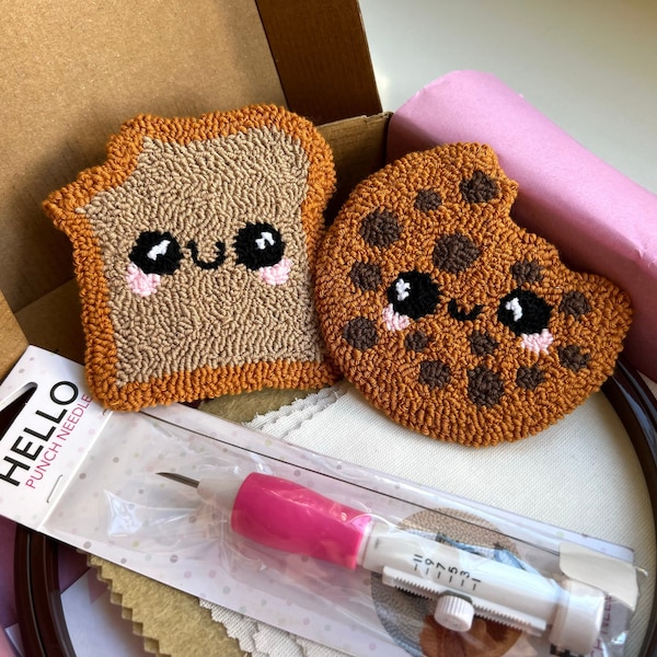 トーストとクッキーのパンチニードルキット、初心者向けマグラグコースター