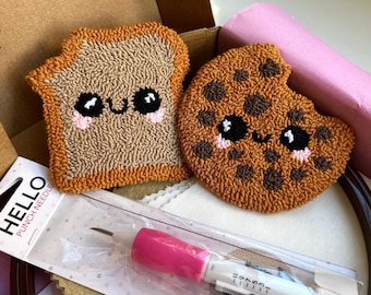 Mug Rug Coaster, Beginner Level Punch Needle Kit, Toast and Cookie Punch Needle Coaster Kit,  Embroidery Hoop Art