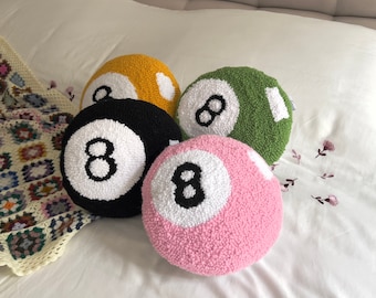 Cojín tapizado hecho a mano con forma de bola mágica 8, decoración novedosa rosa