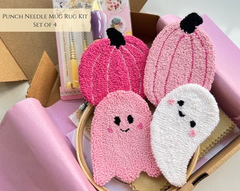 Pink Halloween Punch Needle Kit, Pink Halloween Mug Rug, Beginner Level Punch Needle Kit, Mug Rug Coaster, Embroidery Hoop Art