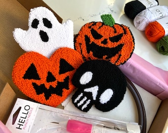 Halloween Punch Needle Kit, Beginner Mug Rug Coaster, Embroidery Hoop Art
