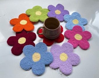 Punch Needle Daisy Coaster, Handmade Mug Rug, Housewarming Gift