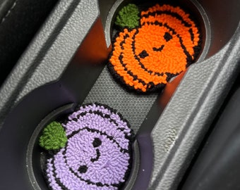 Handmade Punch Needle Halloween Car Coasters, Spooky Pumpkin Decoration
