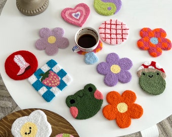 Handmade Punch Needle Mug Rug Coaster, Funny Floral Gift