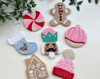 Pink Christmas Basket Gift, Mug Rug Coasters, Pink Christmas Decor Gift, Punch Needle Coasters