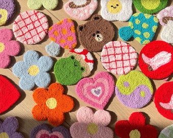 Y2k Punch Needle Coasters, Handmade Floral Mug Rugs, 4 Inch Diameter