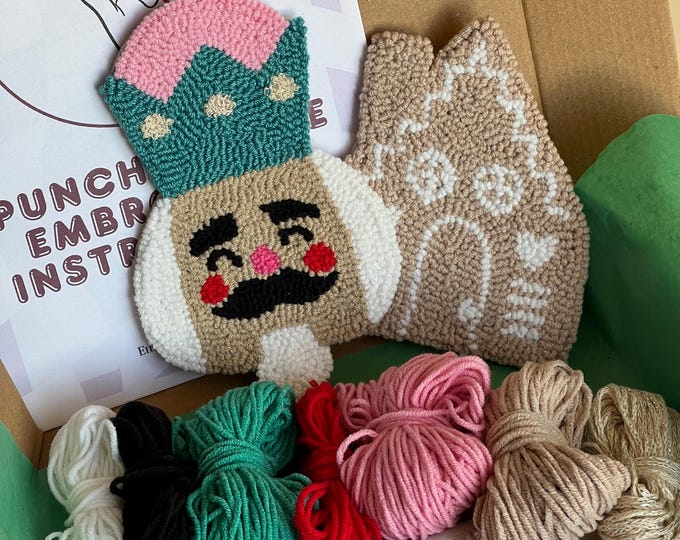 Christmas Punch Needle Kit, Holiday Mug Rug Coaster, Beginner DIY