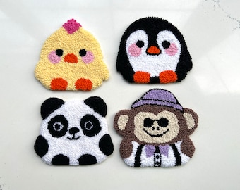 Mug Rug Coasters, Handmade Housewarming Gift, Penguin, Chick, Panda, Monkey Punch Needle Coaster, Handmade New Home Gift