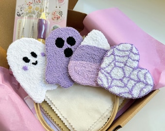 Spooky Halloween Punch Needle Kit, Purple Halloween Mug Rug, Beginner Level Punch Needle Kit, Mug Rug Coaster, Embroidery Hoop Art