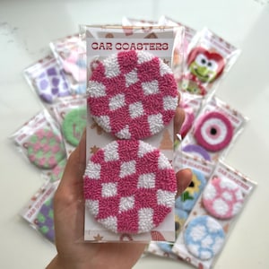 Handmade Christmas Gift, Pink Checkered Car Accessories, Set of 2 Punch Needle Car Coaster, Pink Car Accessories for Women, New Car Gift