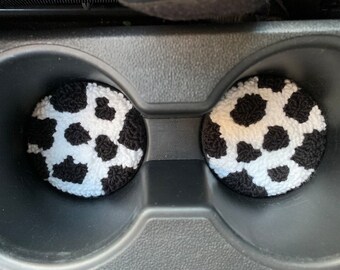 Set of 2 Cow Print Punch Needle Car Coasters, Handmade